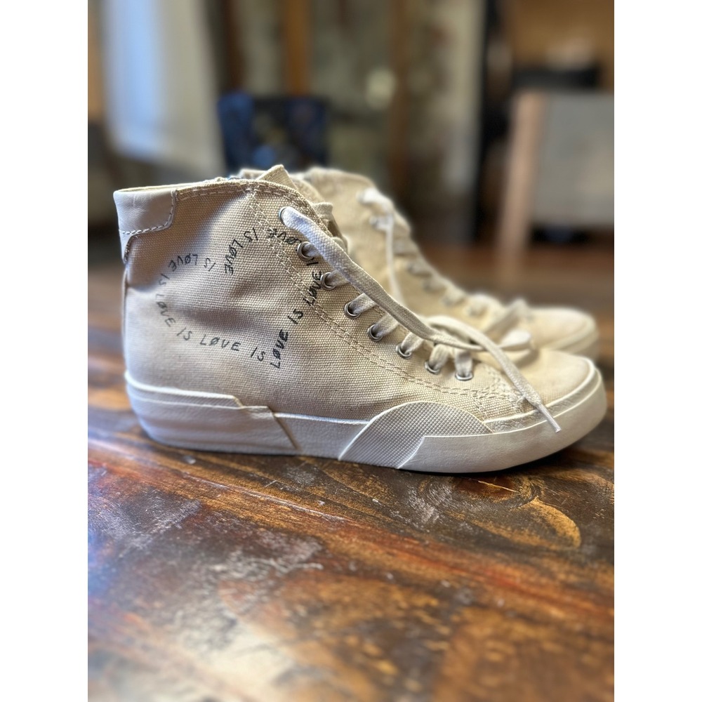 Dolce Vita High Top Sneakers Cavas Beige "Love Is Love"‎ Side Zip Lace Up Sz 6.5